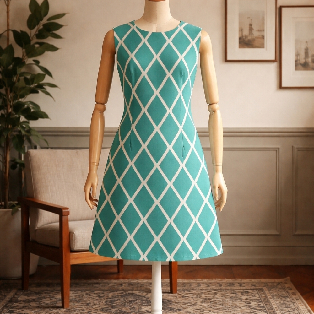 Alyx Turquoise Diamond-Pattern Sleeveless A-Line Dress